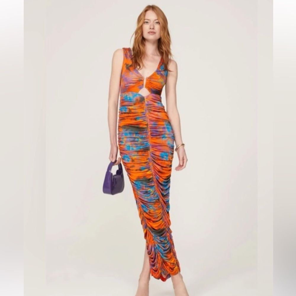 Ronny Kobo SMALL Bodycon Ruched Colorful Dress Stretchy Maxi U gold opening rtr